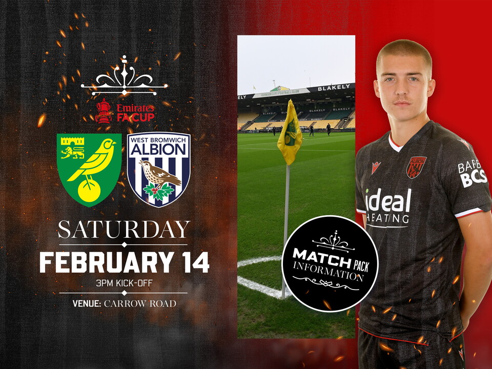 Away match pack graphic in black colours for Norwich game with both club badges on, an image of Carrow Road and Alfie Gilchrist in the black kit smiling at the camera  