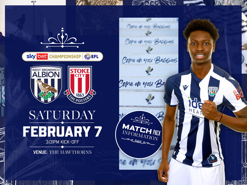 Home match pack graphic for Stoke fixture with both club badges on, an image of steps The Hawthorns and an image of Jamaldeen Jimoh-Aloba smiling at the camera in the home kit   