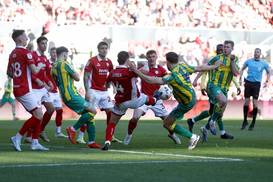 Nat Phillips takes a shot against Bristol City