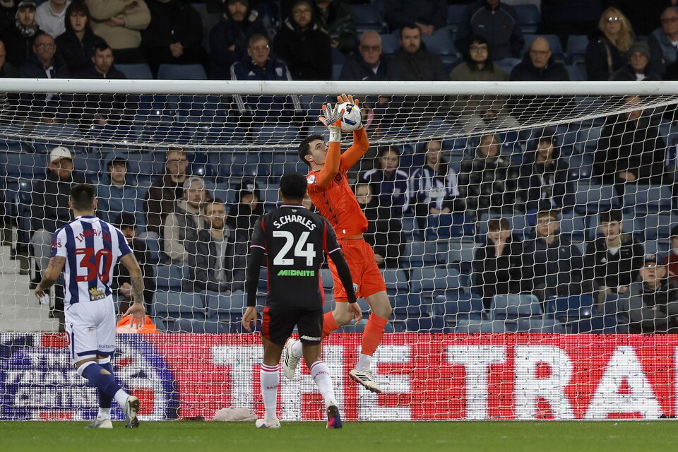 Max O'Leary catches a cross against Southampton
