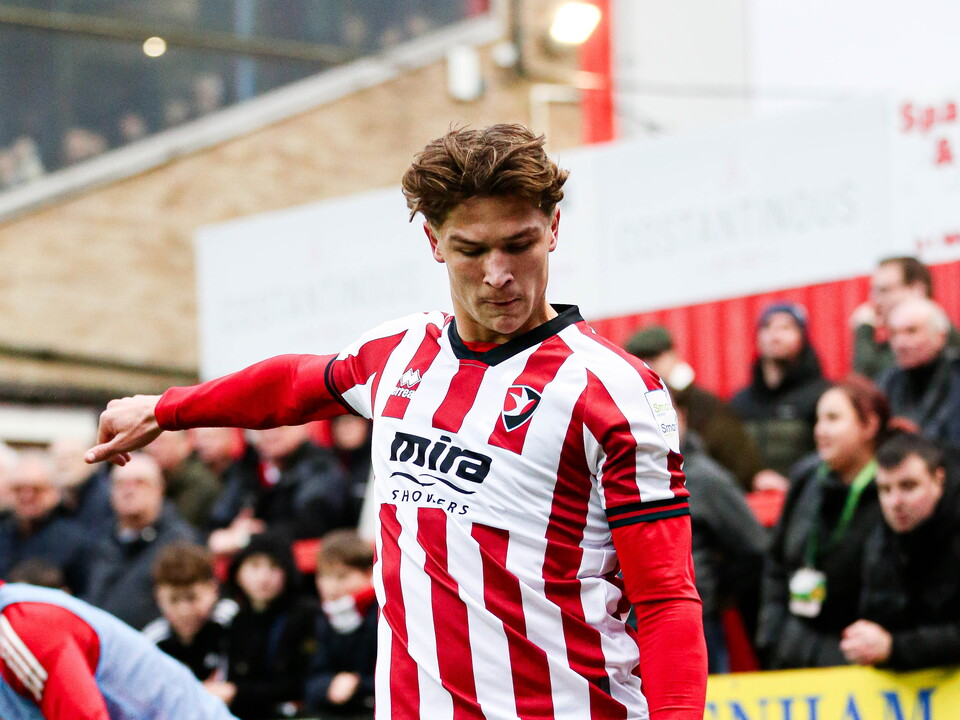A photo of Cole Deeming in action for loan club Cheltenham Town
