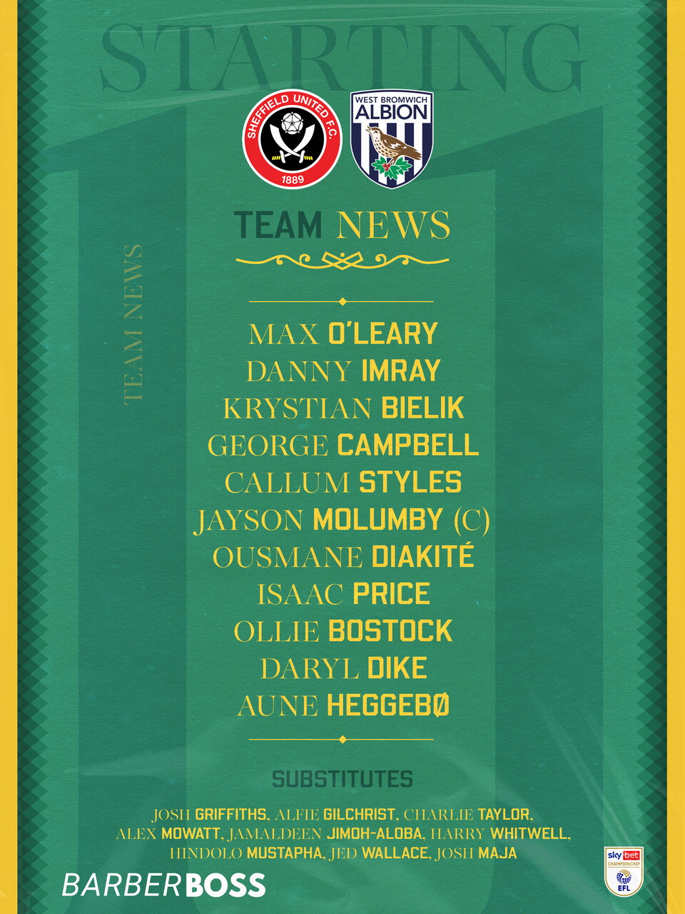 WBA team to play Sheffield United