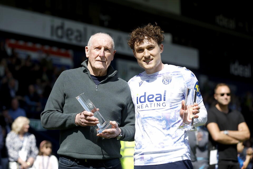 Callum Styles collects the Players' Player of the Season award and the Supporters' Player of the Season award with Tony 'Bomber' Brown