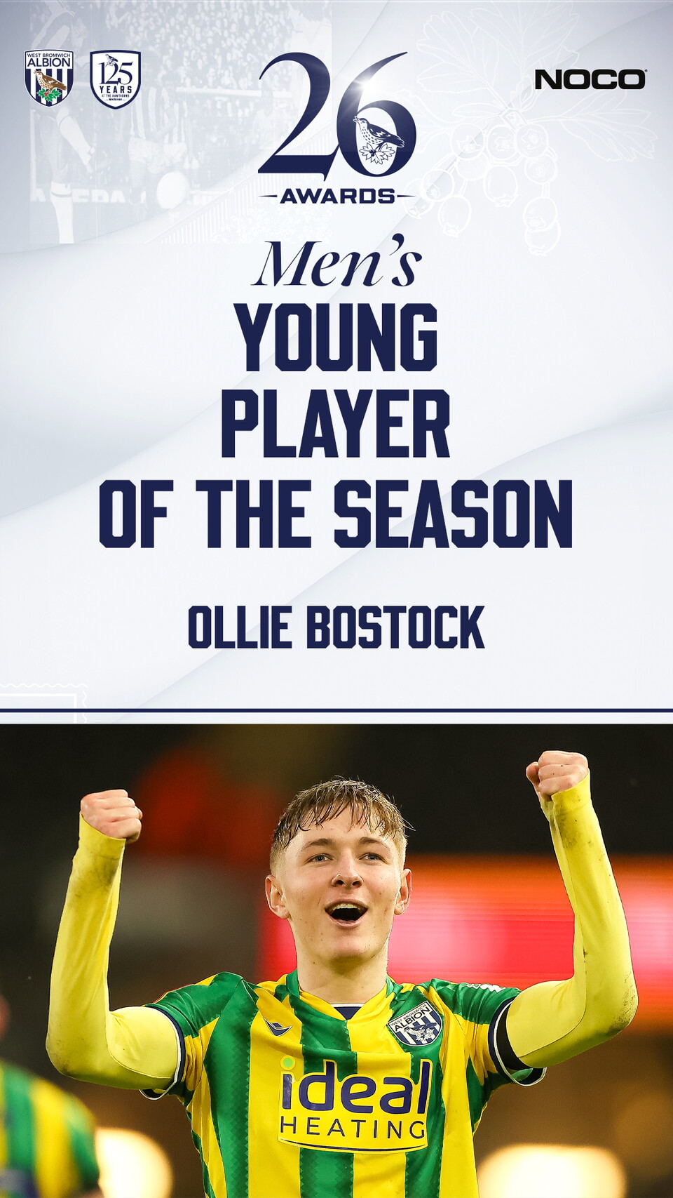 A graphic celebrating Ollie Bostock's Young Player of the Season award