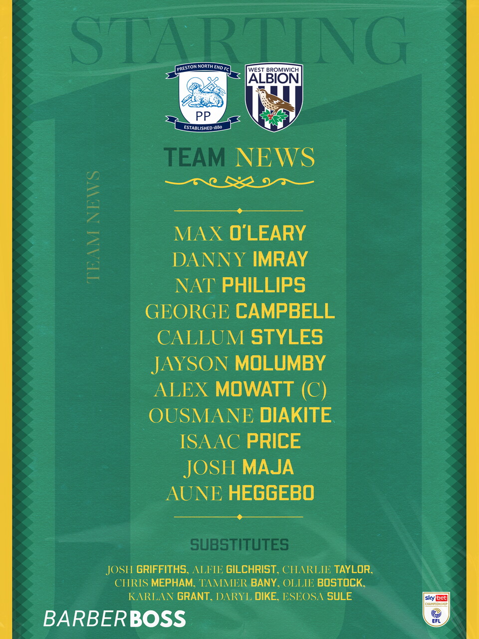 West Brom's team to face Preston