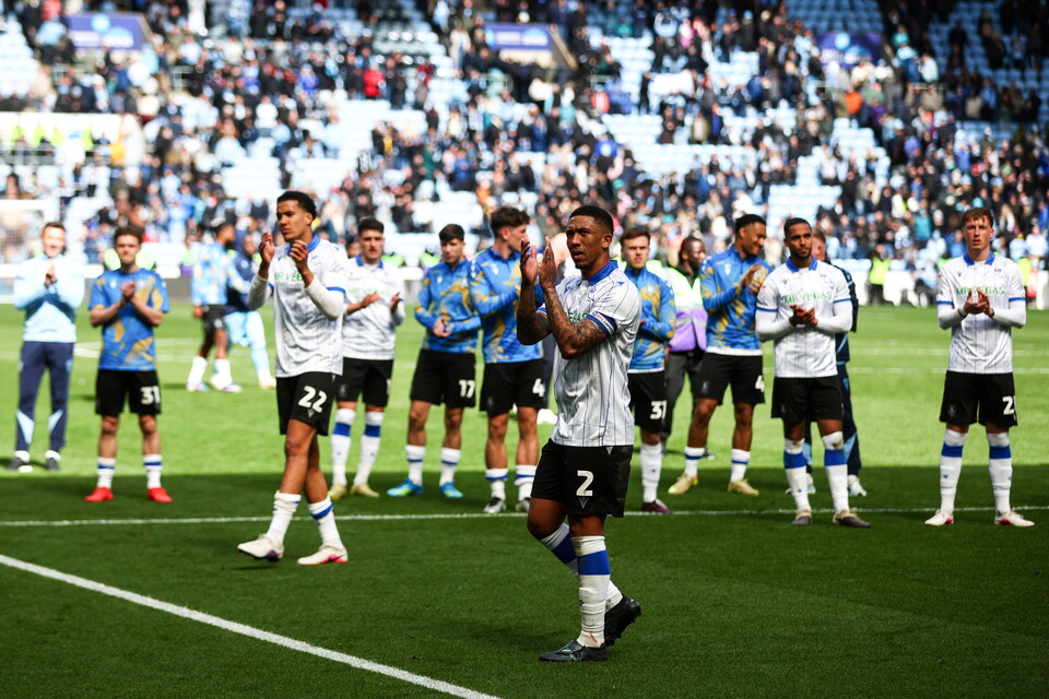 The Sheffield Wednesday players applaud their travelling fans away at Coventry City