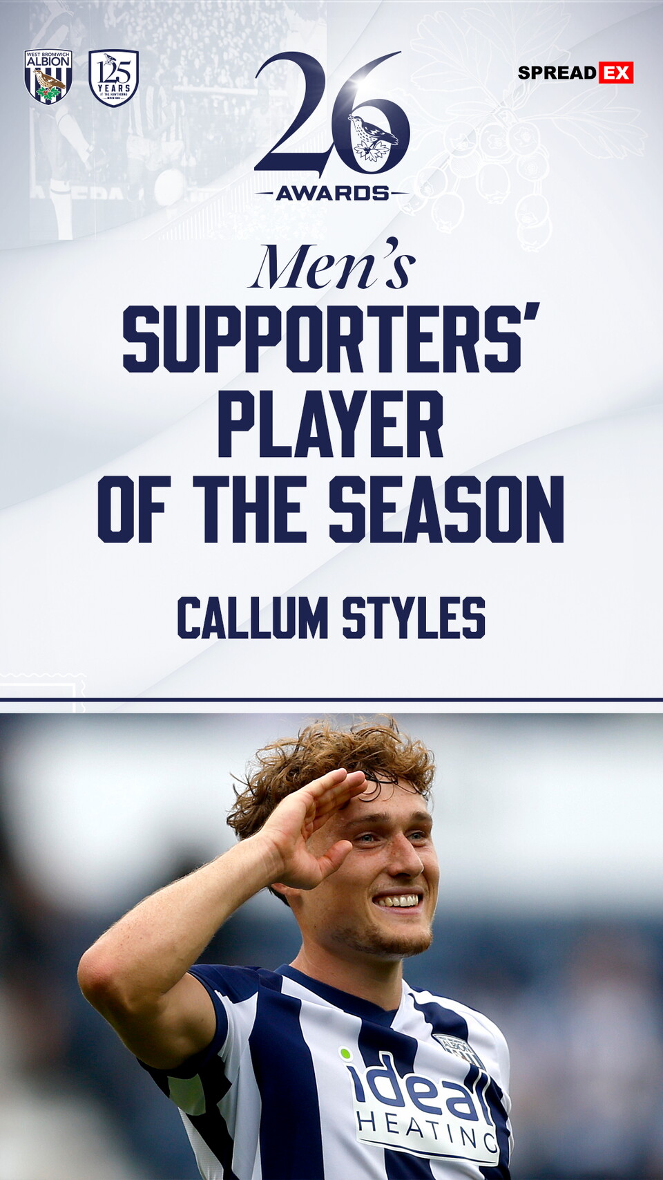 A graphic celebrating Callum Styles' Supporters' Player of the Season award
