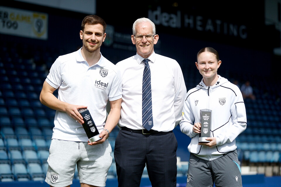 The Albion Foundation Director Rob Lake with Jayson Molumby & Olivia Rabjohn holding their PFA Community Champion Awards.