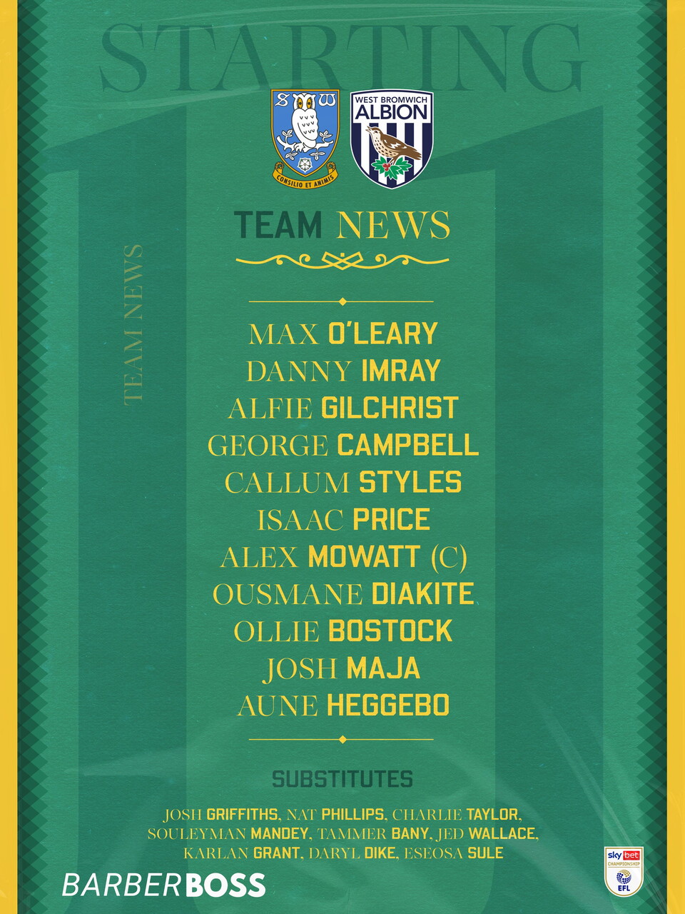 West Brom's line-up to face Sheffield Wednesday