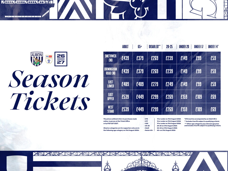 A general sale season ticket price table