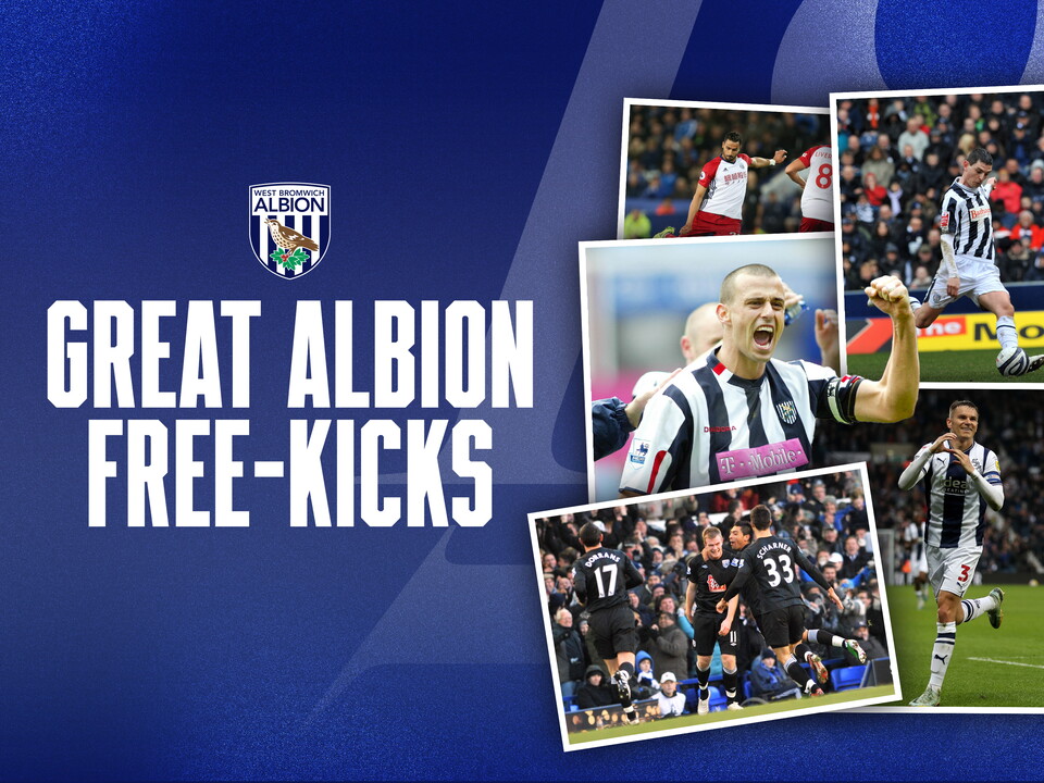 Great Albion free-kicks graphic with images on of WBA players taking and celebrating free-kicks 