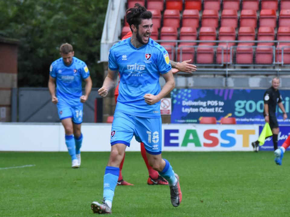 Albion youngster Finn Azaz celebrates scoring his first League Two goal while on loan at Cheltenham Town