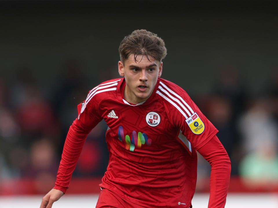 Tom Fellows in action for Crawley Town in a home fixture