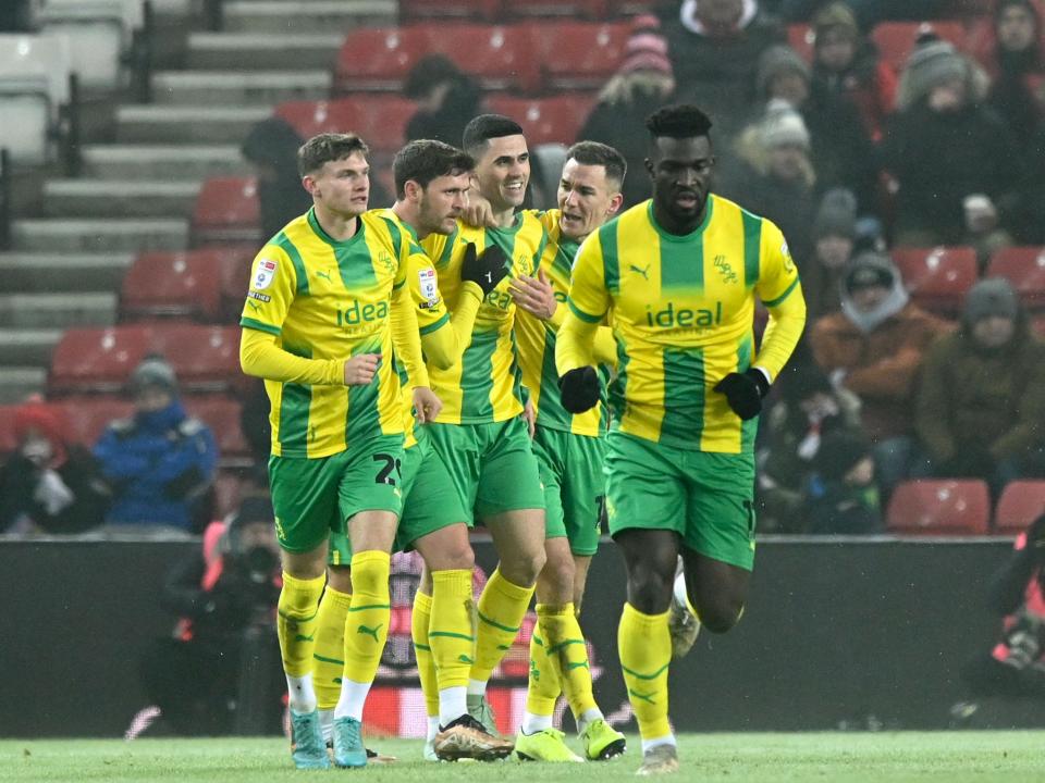 Albion celebrate at the Stadium of Light.