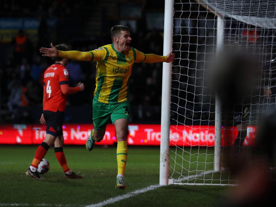 Conor Townsend celebrates scoring for Albion v Luton