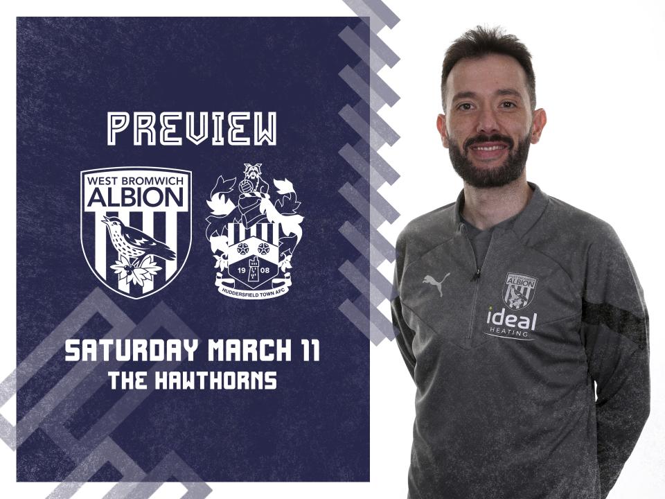 Albion and Huddersfield badges next to an image of Carlos Corberán