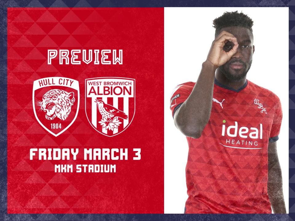 Hull City and WBA badges next to Daryl Dike in the red kit