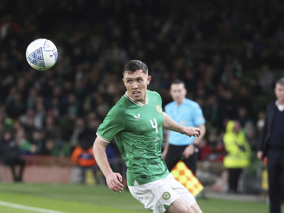 Dara O'Shea in action for Ireland against Latvia 