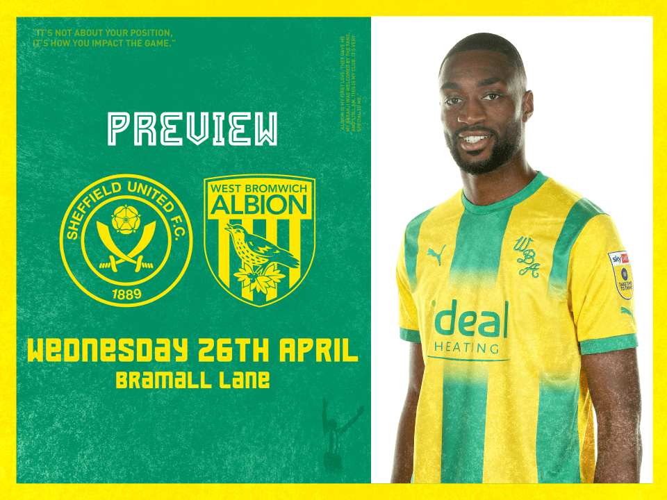 An image of Semi Ajayi wearing a green and yellow kit alongside the badges of Sheffield United and West Bromwich Albion