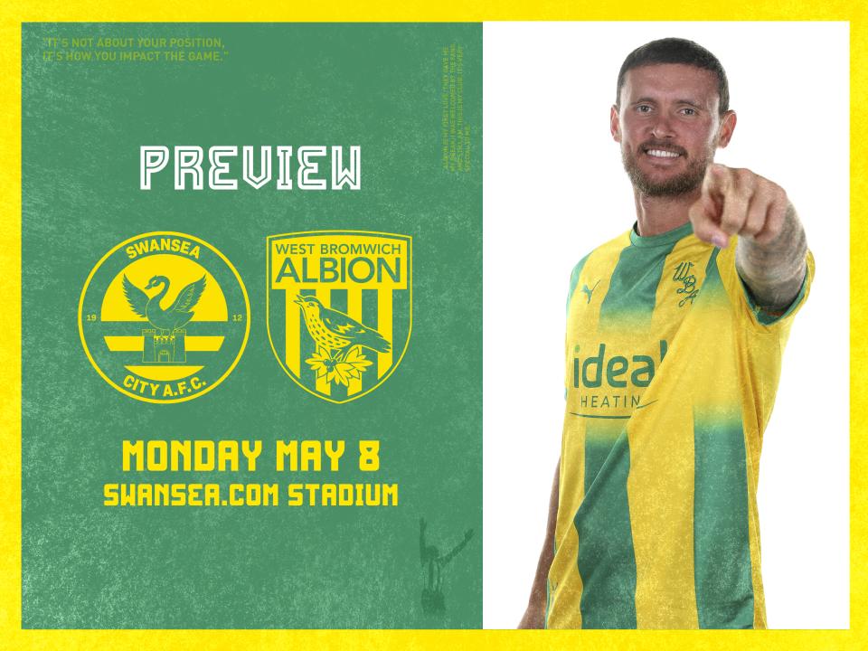 Swansea and WBA badges next to an image of Jon Swift in the away kit