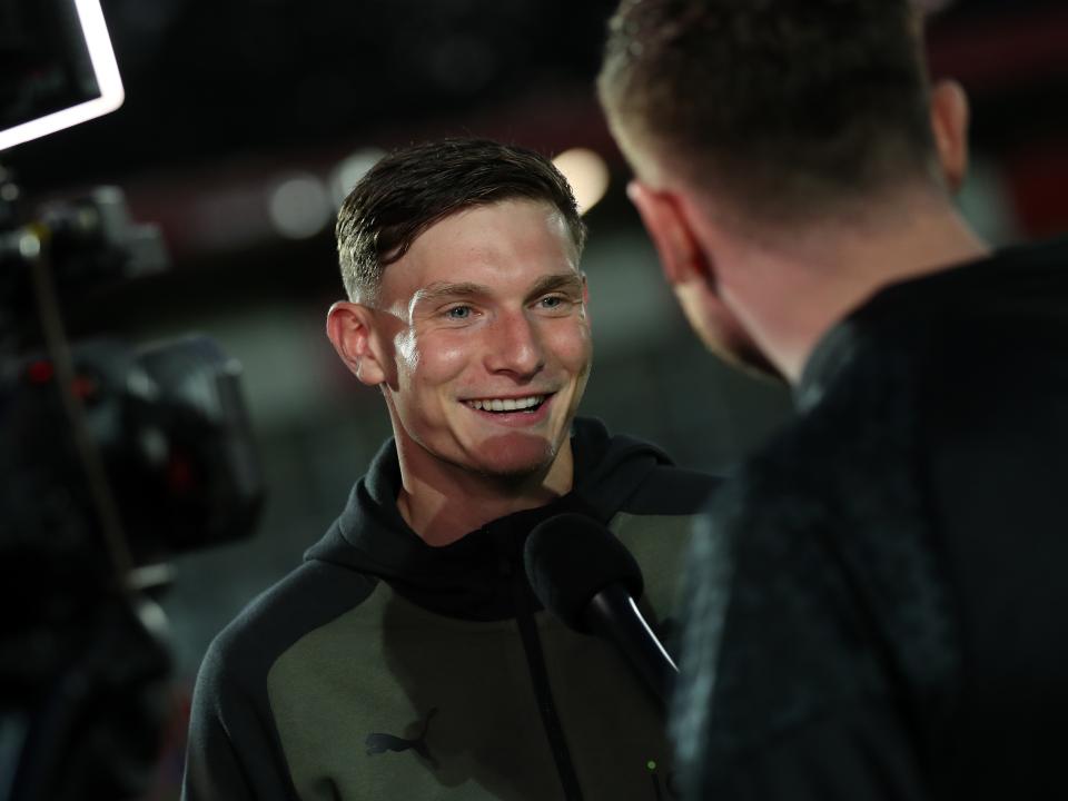 Taylor Gardner-Hickman is interviewed after Albion's game against Salford