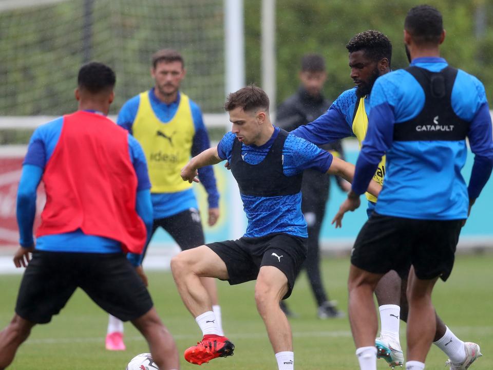 Jayson Molumby on the ball in training at St. George's Park