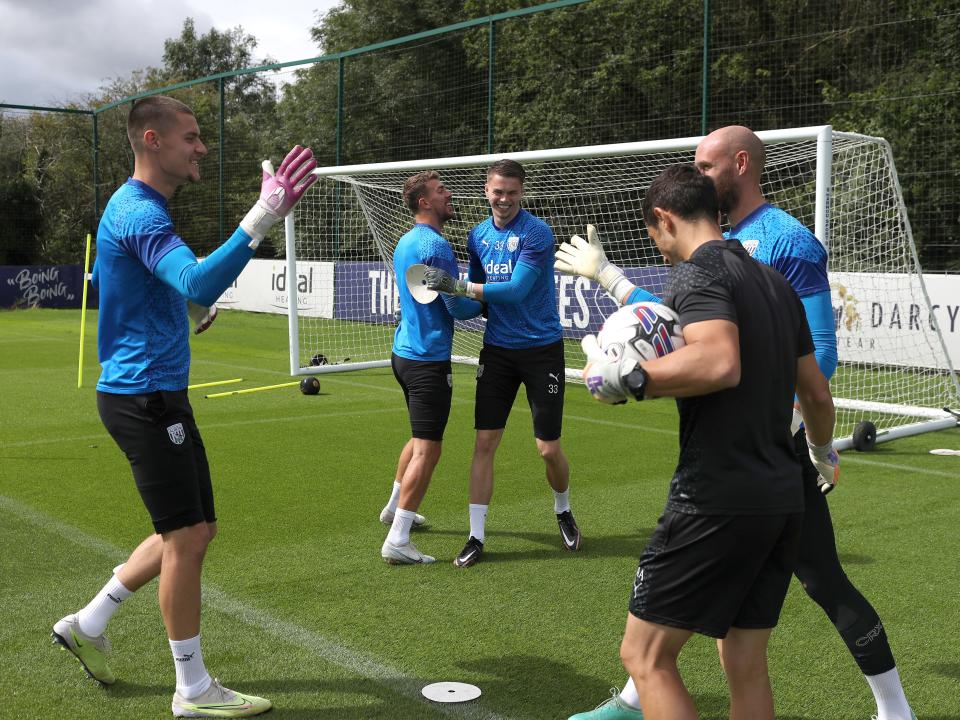 Albion goalkeepers smiling in training ahead of the Blackburn game