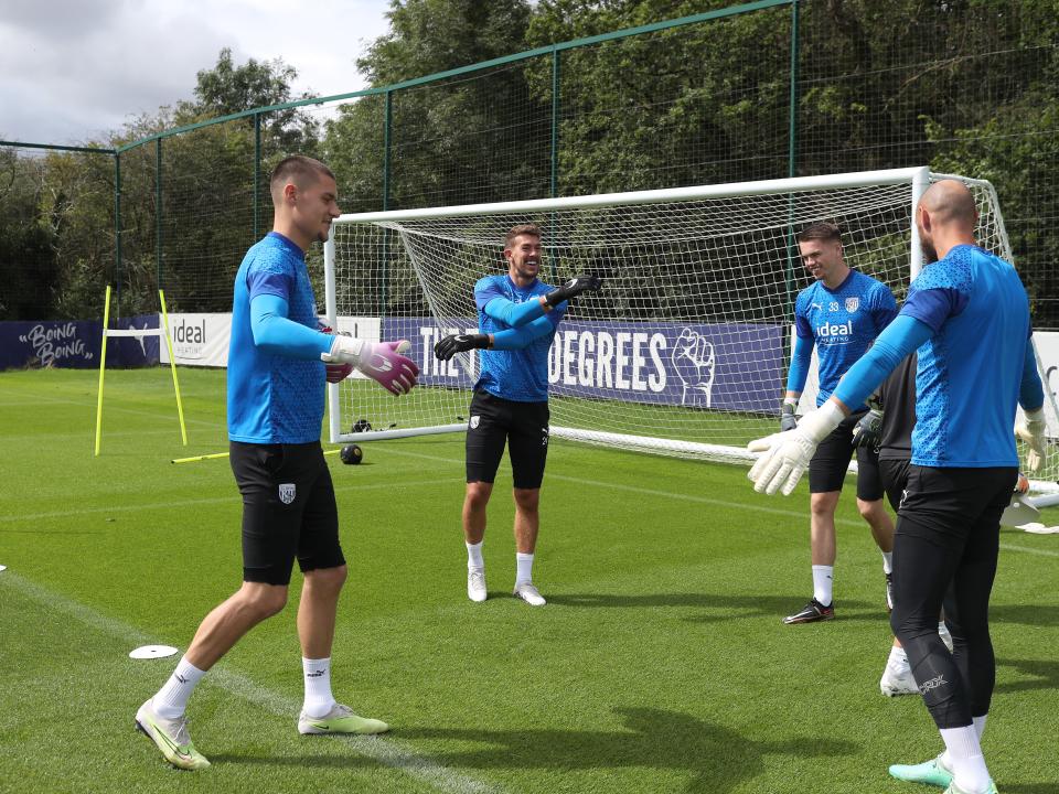 Albion goalkeepers smiling in training ahead of the Blackburn game
