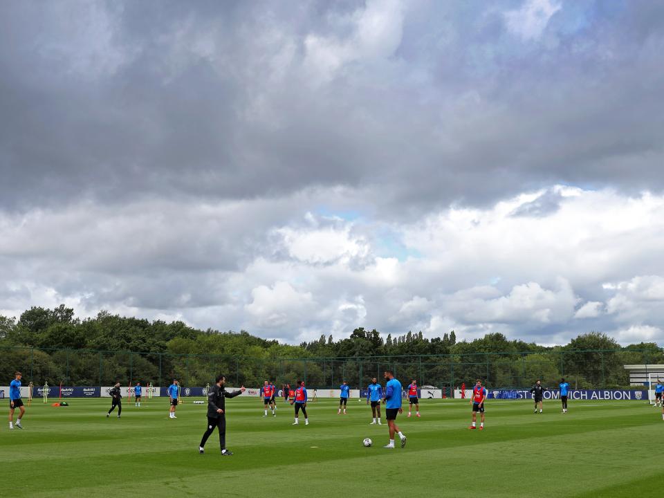 A wide angle of the training pitch with several players in the background