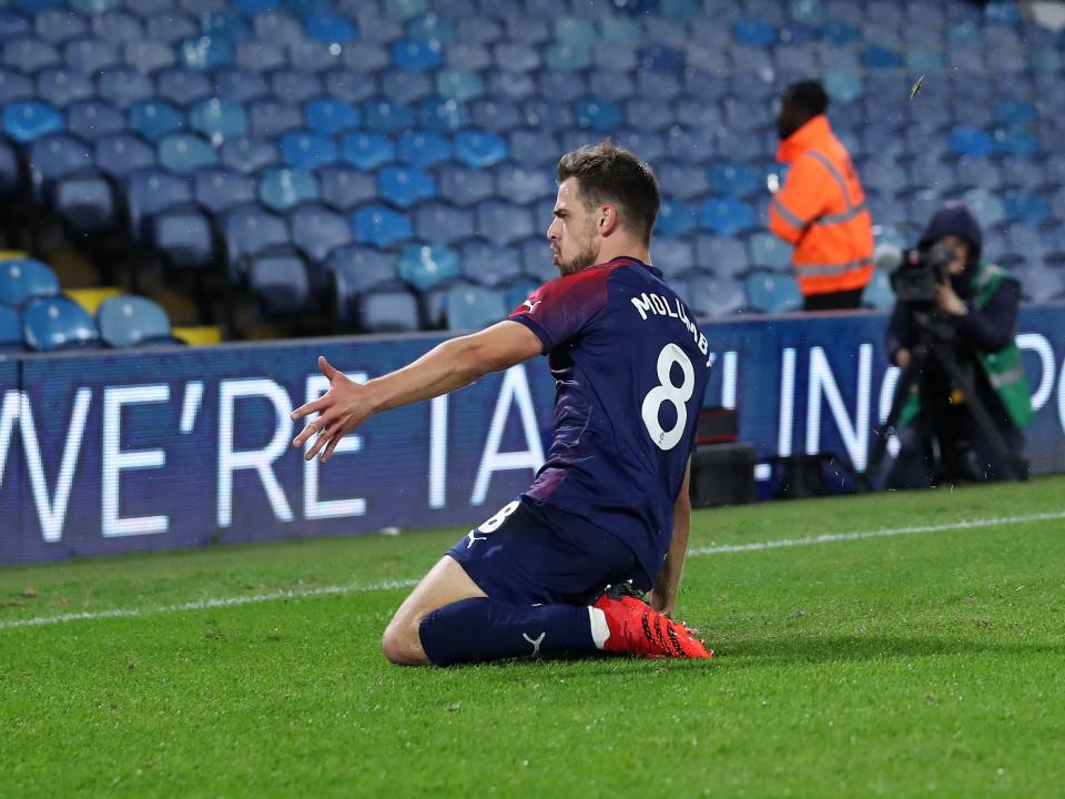 Jayson Molumby celebrates Albion's goal at Leeds
