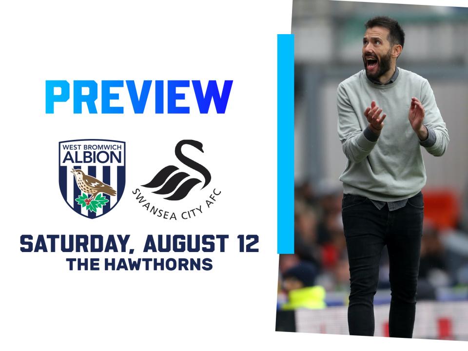 Albion and Swansea badges next to an image of Carlos Corberán clapping 