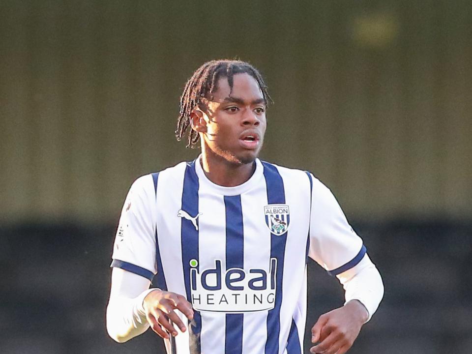 Akeel Higgins wearing the Albion home shirt in PL2 action