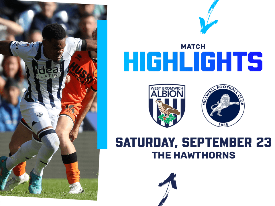 A photo graphic showing Grady Diangana, in the 2023/24 home it, leading to highlights from Albion's game v Millwall at The Hawthorns