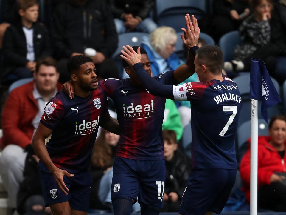 An image of the Albion team celebrating Furlong's goal against Preston