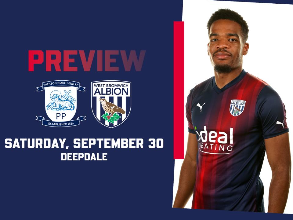 PNE and WBA badges next to an image of Grady Diangana in the navy blue and red kit