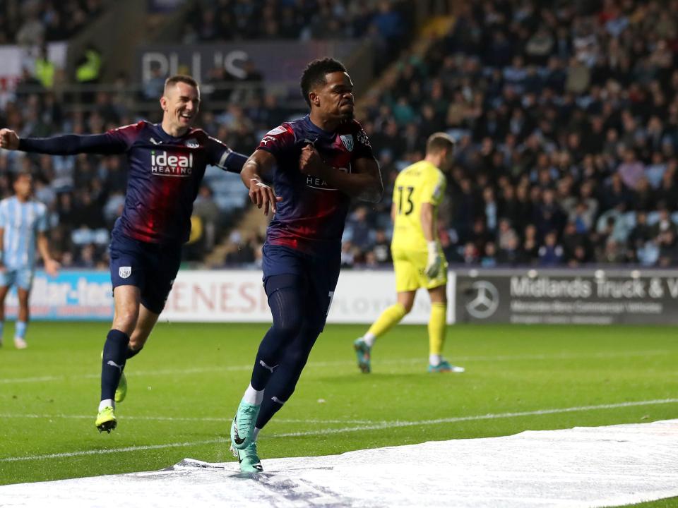 Grady Diangana celebrates scoring against Coventry with Jed Wallace in the background 