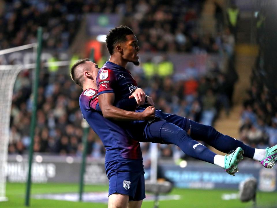 Grady Diangana celebrates scoring against Coventry with Jed Wallace  