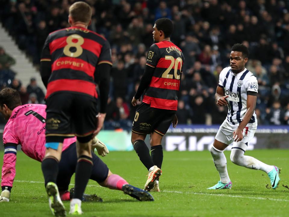 Grady Diangana watches the ball hit the net against QPR