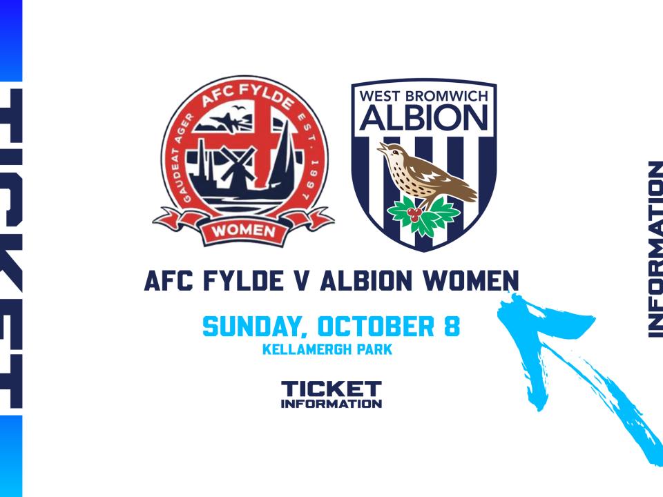 A ticket graphic displaying information for Albion Women's game at AFC Fylde