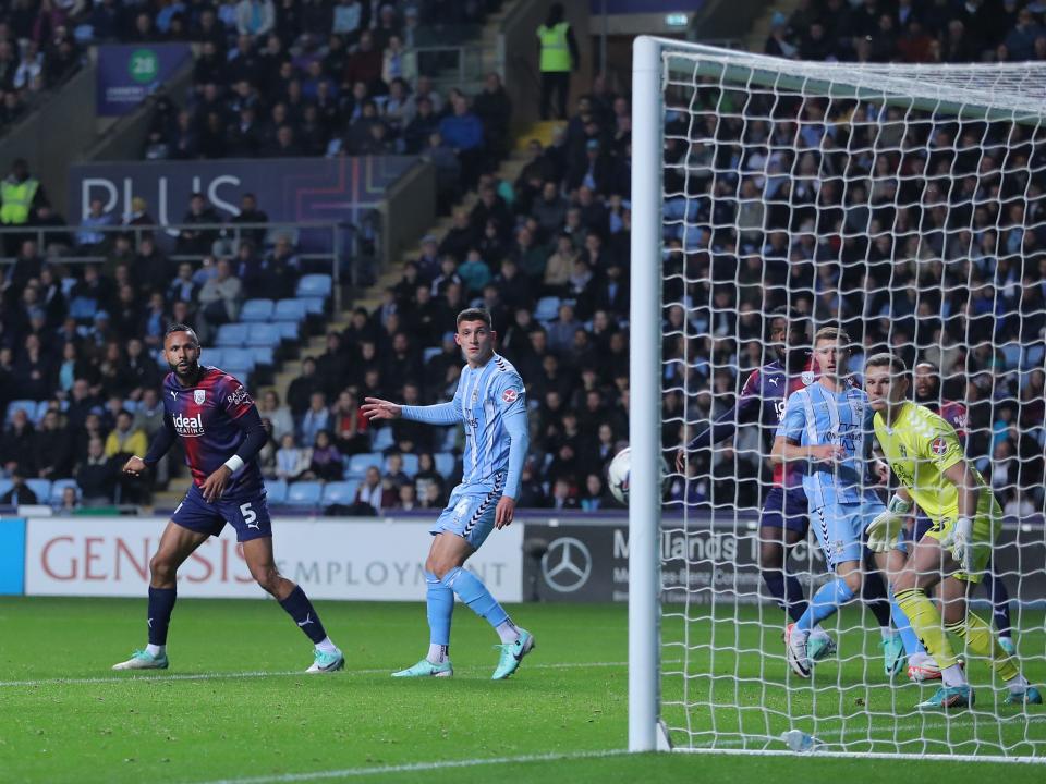 Kyle Bartley heads the ball against the post against Coventry