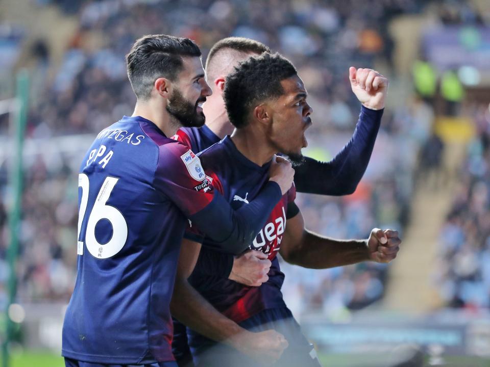 Grady Diangana celebrates scoring against Coventry with Jed Wallace and Pipa