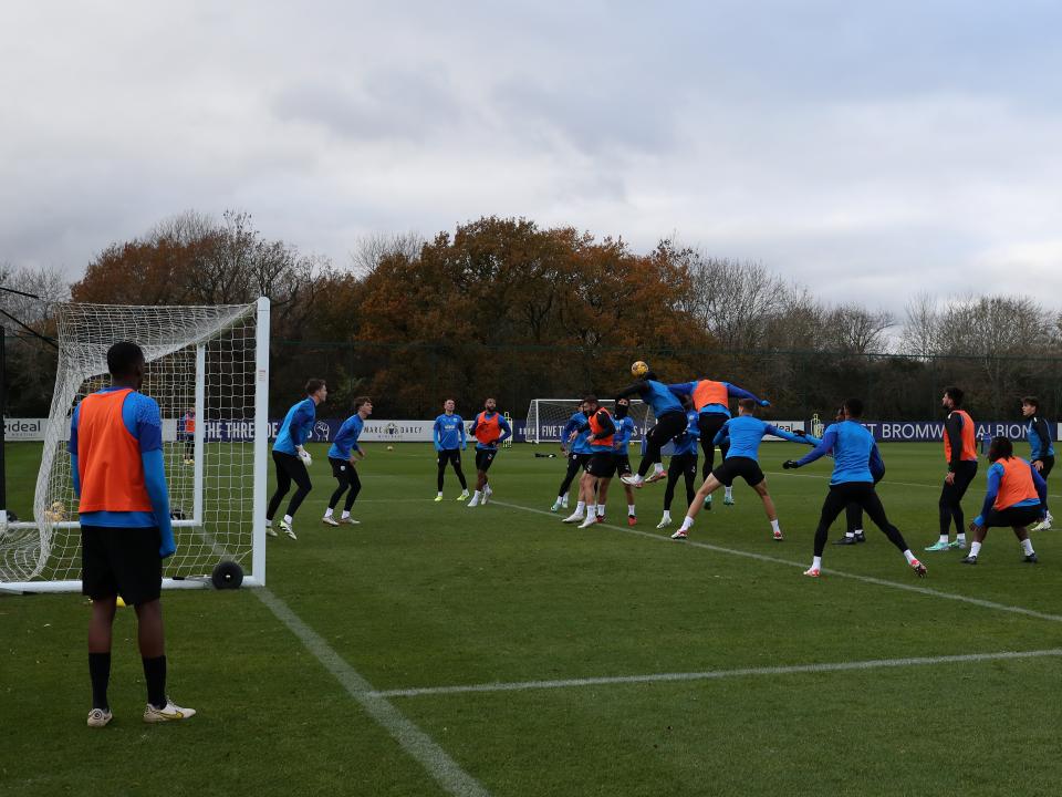 Albion players attacking and defending a corner in training 