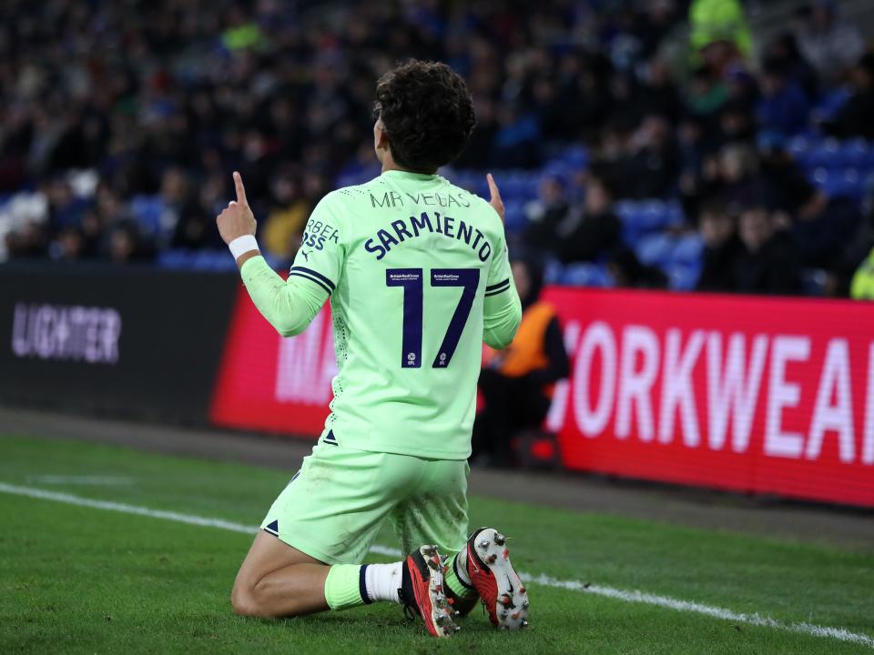 Jeremy Sarmiento celebrates scoring against Cardiff 