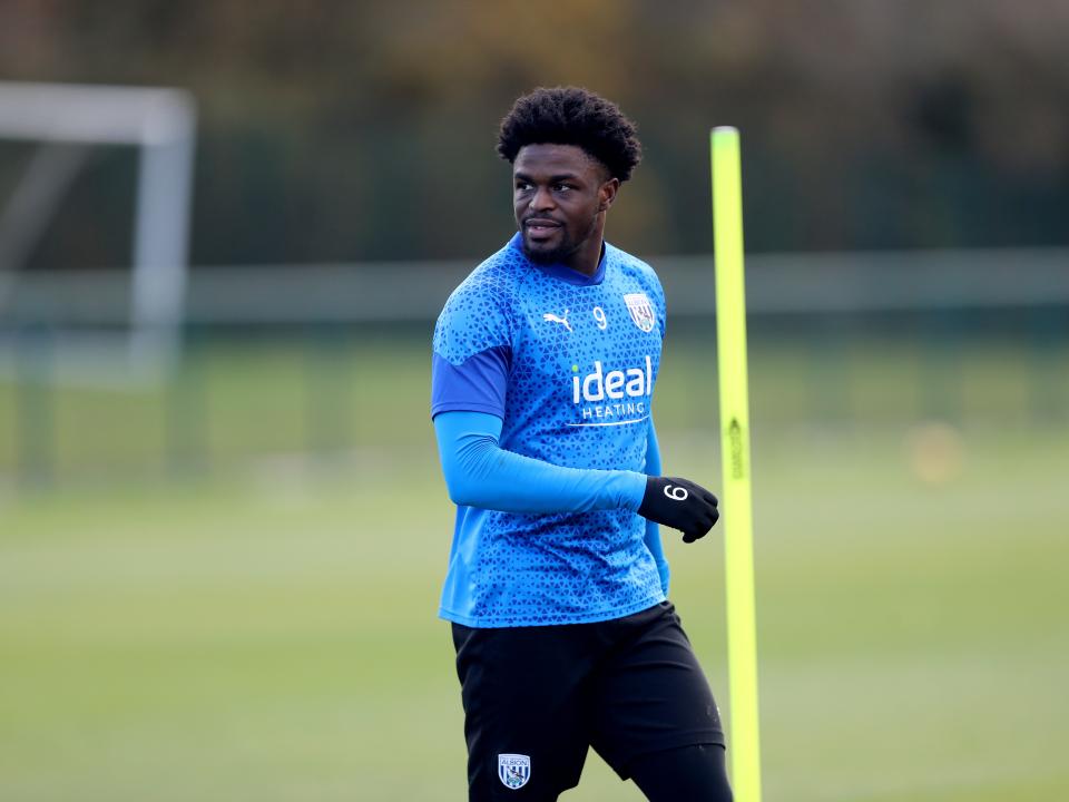 Josh Maja looks to his left in training 