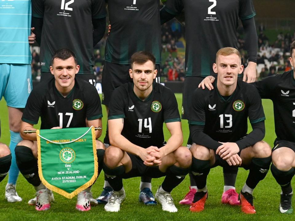 Jayson Molumby lines up for the Ireland team photo before playing New Zealand 