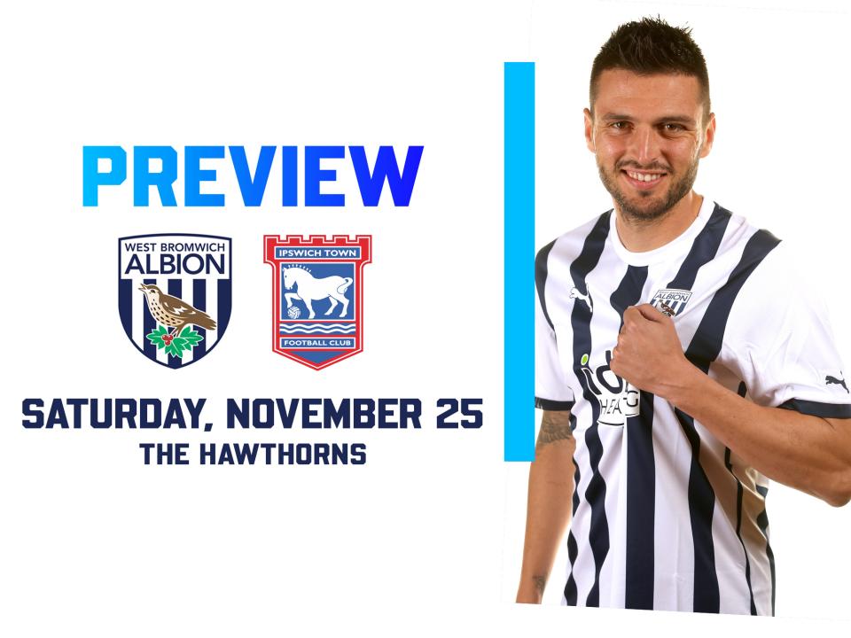 WBA and Ipswich Town badges next to an image of Okay Yokuslu smiling towards the camera pulling on the badge in the home shirt