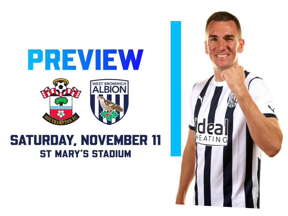 Southampton & WBA badges next to an image of Jed Wallace clenching his fist and smiling in the home shirt