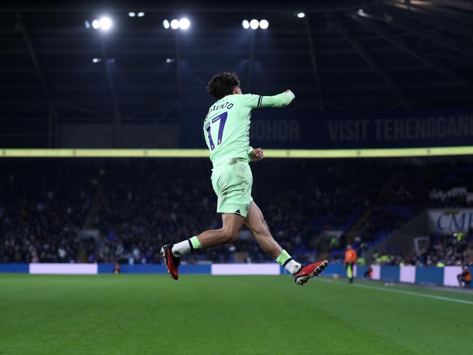 An image of Jeremy Sarmiento celebrating his goal against Cardiff