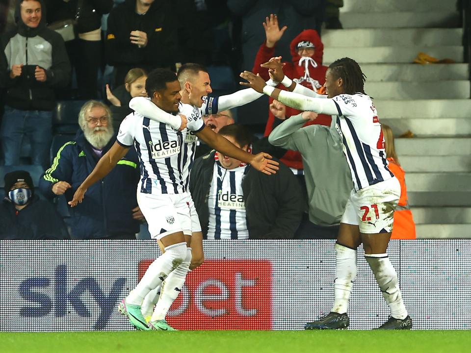 Grady Diangana celebrates scoring against Ipswich with Jed Wallace and Brandon Thomas-Asante