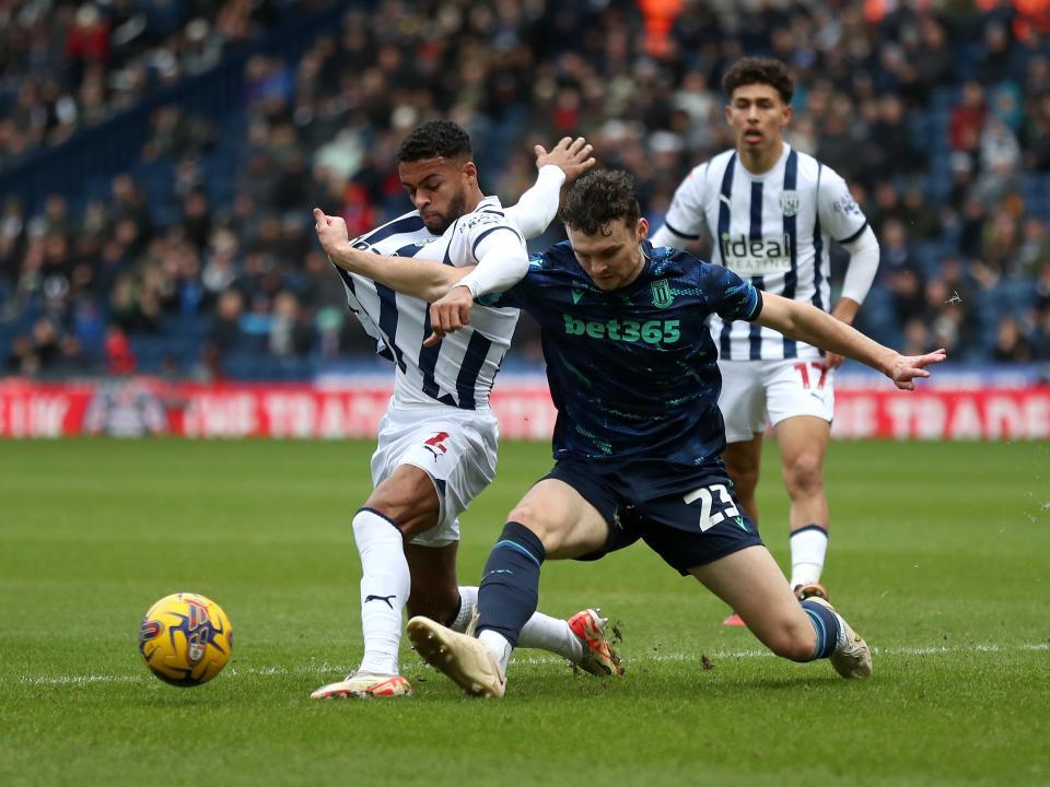 Darnell Furlong battles for the ball against Stoke 